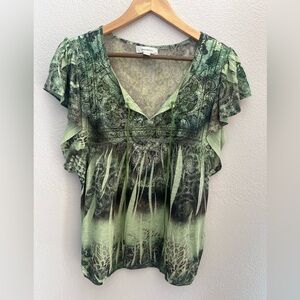 Dressbarn Women’s Green Boho Paisley Animal Shirt with Studs Lace Y2K Size XL